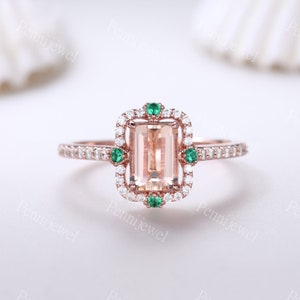 Art Deco Emerald Cut Morganite Engagement Ring Rose Gold Emerald Diamond Wedding Band Pink Morganite Ring Bridal Promise Ring Gift For Her