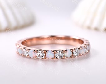 Moissanite Opal Wedding Band,Fire Opal Pave Eternity Band,October Birthstone Ring,Rose Gold Stacking Matching Ring,Promise Ring,Gift For Her