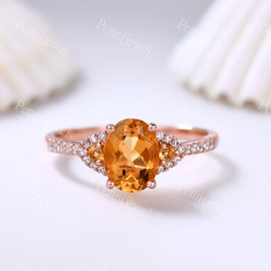 Unique Citrine Promise Ring,6x8mm Oval Cut Citrine Diamond Engagement Ring,Half Eternity Diamond Wedding Band,November Birthstone,Rose Gold