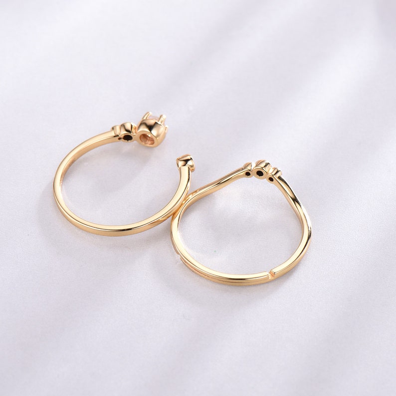 Moonstone Engagement Ring Set Yellow Gold Plated Black Cubic Zircon Matching Band Sterling Silver 925 Natural Moonstone Adjustable Ring Set