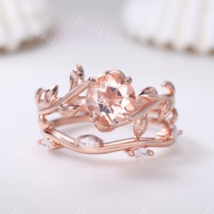 Einzigartiger runder natürlicher Morganit Verlobungsring für Frauen Rose Gold Moissanite Ehering Morganit Blatt Vine Ring Braut Ring Set Geschenk