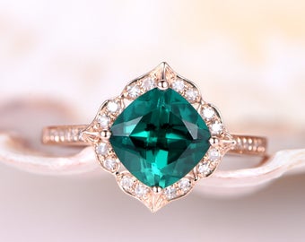 Emerald Engagement Ring 7mm Cushion Cut Emerald Ring Moissanite Wedding Band Art Deco Retro Vintage Floral Solid 14k Rose Gold Bridal Ring