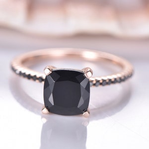 Rose Gold Black Spinel Engagement Ring 7.5mm Cushion Cut Natural Spinel Half Eternity Black Diamond Wedding Band Anniversary Gift Thin Band