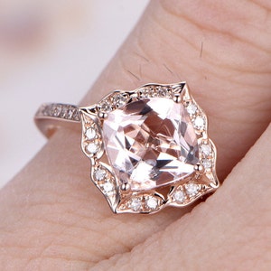 7mm Cushion Morganite Ring Vintage Floral Engagement Ring Rose Gold Diamond Wedding Band Unique Promise Ring Bridal Ring 14K image 5