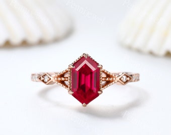 Vintage Long Hexagon Cut Red Ruby Ring Diamond Rose Gold Band Ruby Jewelry Art Deco Ruby Promise Engagement Ring For Women July Ring Gift