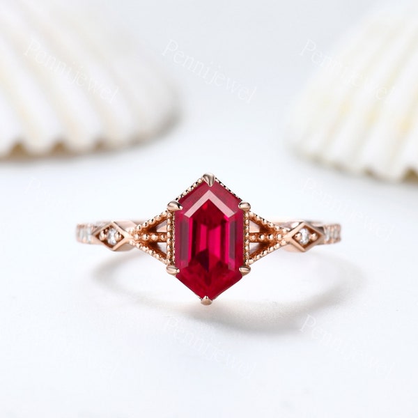 Vintage Long Hexagon Cut Red Ruby Ring Diamond Rose Gold Band Ruby Jewelry Art Deco Ruby Promise Engagement Ring For Women July Ring Gift