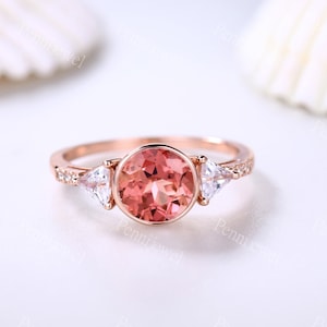 Rose Gold Padparadscha Sapphire Ring,7mm Round Cut Orange Sapphire Moissanite Ring,Bezel Set Ring,Padparadscha SapphireEngagement Ring,Gift