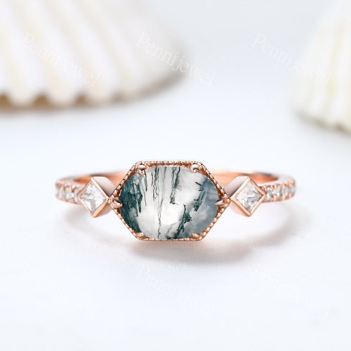 Art Deco Natural Moss Agate Engagement shops Ring For Women Oval Cut Green Moss Agate 14k Rose Gold Ring Women Bridal Stacking Ring MoissaniteBand