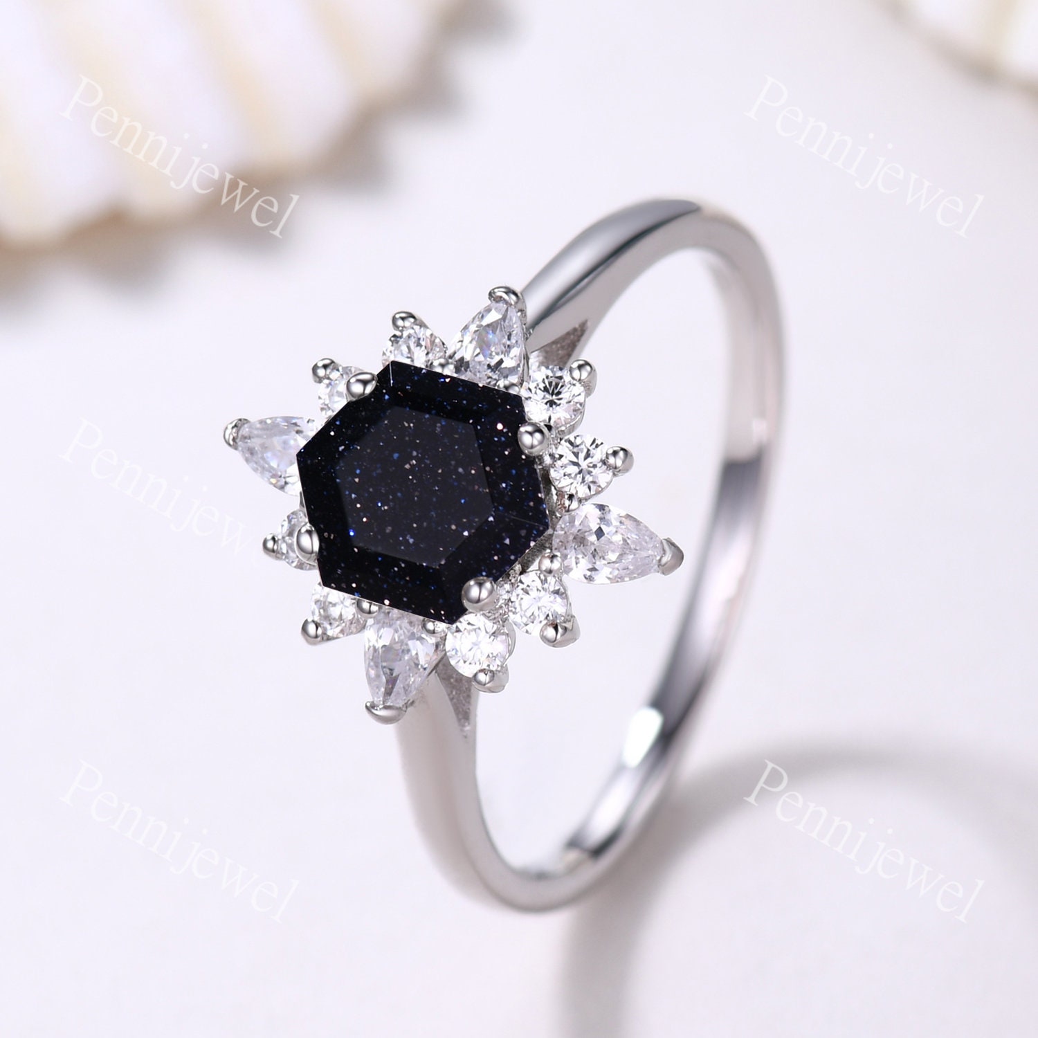 Hexagon Cut Blue Sandstone Ring Unique Women Bridal Ring 14k White Gold ...