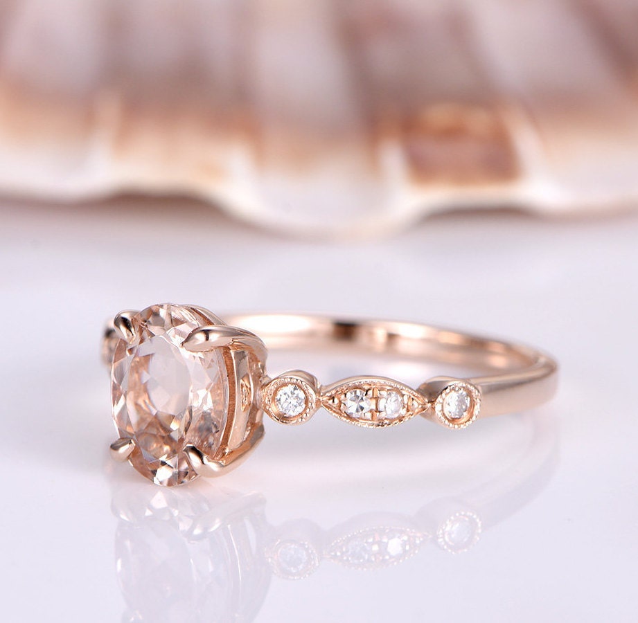 Morganite Engagement Ring Rose Gold 14k Diamond Wedding Band | Etsy