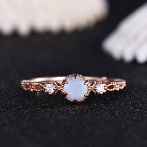 Dainty Opal Ring, Rose Gold Opal Engagement Ring, Moissanite Opal Ring, Delicate 4mm Round Cut Opal Ring Gift For Mom