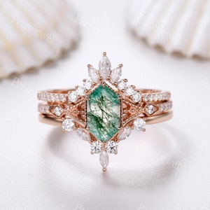 Vintage Moss agate engagement ring,hexagon moss agate ring set,Diamond rose gold band,Moss agate fine jewelry,Promise ring set,14k rose gold