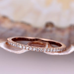 Diamond wedding band Petite French micro pave band solid 14k rose gold FULL eternity ring engagement ring stack matching band thin band