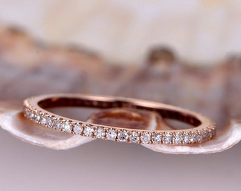 Diamond wedding band Petite French micro pave band solid 14k rose gold FULL eternity ring engagement ring stack matching band thin band