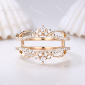 Alliance de rehausseur de diamants, bague en or massif 14k, bande assortie de rehausseur double incurvée, bague personnalisée florale, bague cadeau d&#39;anniversaire pour femme