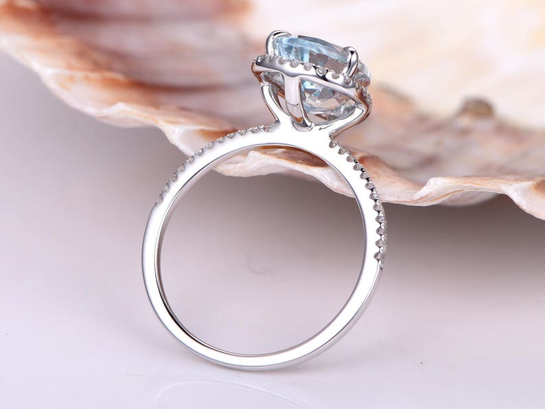 3ct Pear Shaped Aquamarine Engagement Ring VS Natural Blue Aquamarine Solid 14k White Gold Diamond Wedding Band Bridal Ring Petite Band Halo image 7