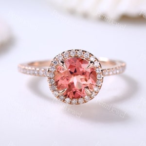 14k Rose Gold Padparadscha Sapphire Ring 7mm Round Cut Women Bridal Ring Diamond Halo Ring Sapphire Diamond Stacking Ring Anniversary Gift