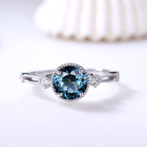 Unique 7mm Round Cut London Blue Topaz Engagement Ring,Blue Gemstone Ring,Diamond Topaz Promise Ring,London Blue Topaz Valentine&#39;s Gift