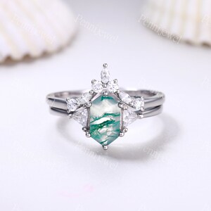 Natural moss agate bridal set,Green agate for women,Art deco moissanite ring,Hexagon cut moss agate engagement ring set,annniversary ring