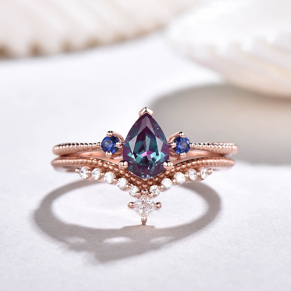 Peer Alexandrite Verlovingsring Rose Gold Vintage Alexandrite Moissanite Bruidsring Set Alexandrite Sieraden Juni Birthstone Ring Voor Vrouwen