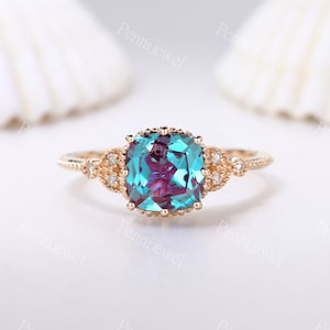 Alexandrite Engagement Ring Diamond Band 14K Gold Cushion Cut Color Change Alexandrite Ring Anniversary Promise Ring Gift,June Birthstone