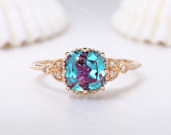 Alexandrite Engagement Ring Diamond Band 14K Gold Cushion Cut Color Change Alexandrite Ring Anniversary Promise Ring Gift,June Birthstone
