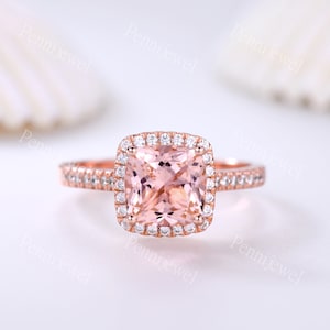 8mm Cushion Cut Morganite Engagement Ring，Diamond Wedding Band,14k Solid Rose Gold,Diamond Halo Ring,Pink Morganite Stone,Anniversary Gift