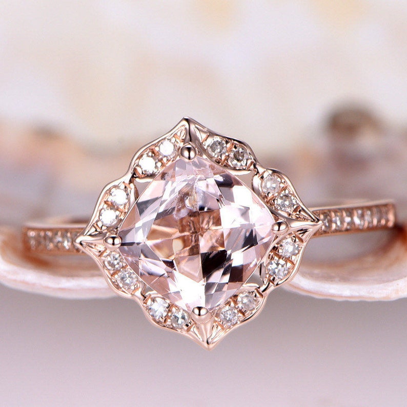 7mm Cushion Morganite Ring Vintage Floral Engagement Ring Rose Gold Diamond Wedding Band Unique Promise Ring Bridal Ring 14K image 1