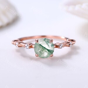 Unique Round Cut Moss Agate Engagement Ring,7mm Rose Gold Diamond Moss Agate Wedding Ring,Dainty Moss Agate Promise Ring,Birthday Gift