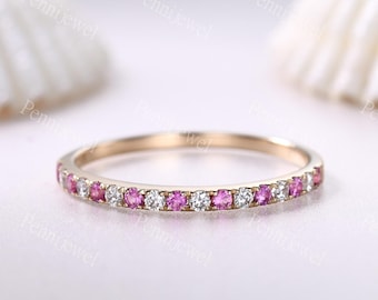 Dainty Pink Sapphire Diamond Wedding Band Natural Sapphire Stacking Ring Moissanite Matching Ring Half Eternity Band Minimalist Jewelry Gift