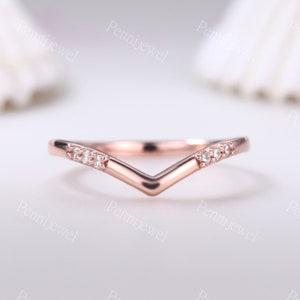 Curved V Diamond wedding band moissanite engagement ring solid 14k solid gold ring stacking matching band Art deco ring gift for women