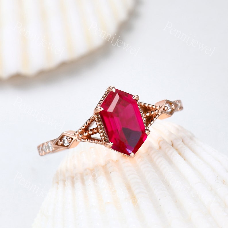 Vintage Long Hexagon Cut Red Ruby Ring Diamond Rose Gold Band - Etsy