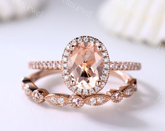 Unique 1.2CT Natural Morganite Engagement Ring 14k Rose Gold Diamond Halo Ring Art Deco Stacking Ring Anniversary Bridal Ring Set For Women