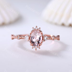 Rose Gold Morganite Engagement Ring,7x5mm Oval Cut Natural Morganite Diamond Ring,Milgrain Diamonds Band,Anniversary Ring,Valentine's Gift