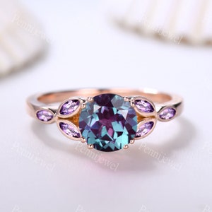 Vintage Handmade Alexandrite Ring 14k Rose Gold Marquise Shaped Amethyst Ring Unique Alexandrite Anniversary Ring For Women Birthstone Gift