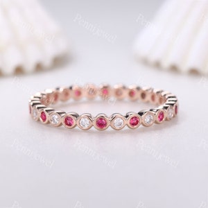 Ruby Moissanite Wedding Ring Full Eternity Wedding Band Stackable Ruby Band Bezel Set 14k Rose Gold Matching Band Anniversary Wedding Band