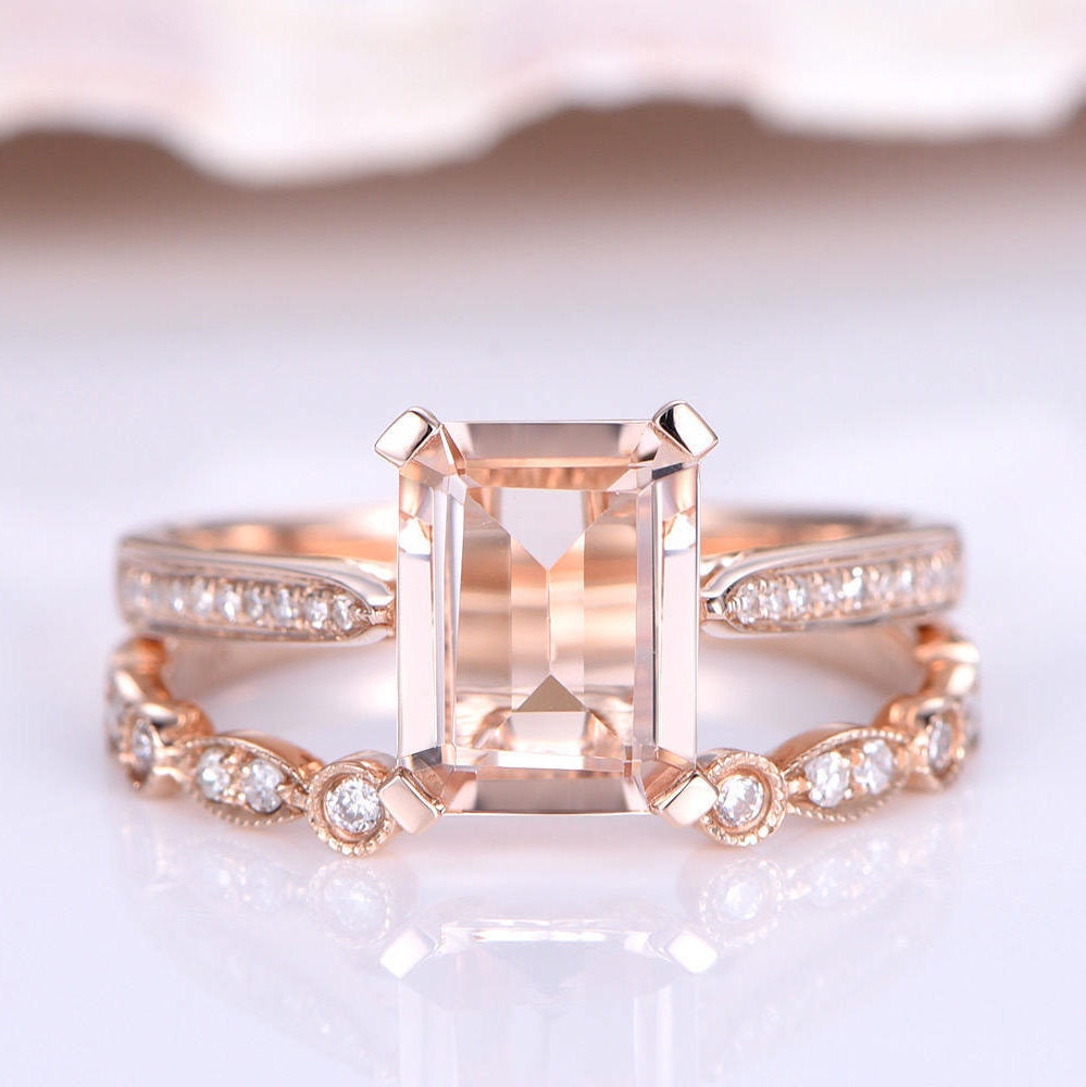 Morganite Ring Set Unique Emerald Cut Morganite Engagement - Etsy