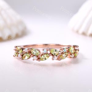 Marquise Peridot Wedding band,Peridot Opal Stacking ring,Angust Birthstone Ring,Cluster Matching Band,Birthday Gift For Her,Solid Rose Gold