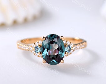 Vintage alexandrite engagement ring unique sterling silver ring for women June birthstone ring oval cut alexandrite promise anniversary gift