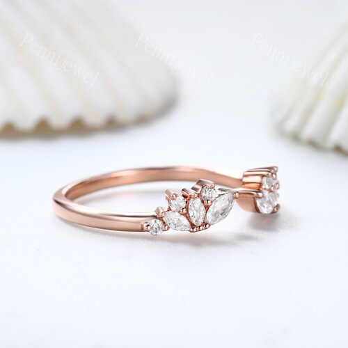 Art deco shops moissanite wedding band Rose gold open gap ring Women stacking matching moissanite band Leaf ring Open curved anniversaaey ring