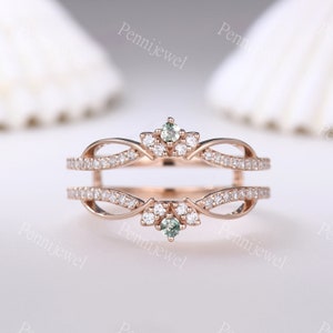 Moosachat Moissanit Vergrößerer Ehering, 14 Karat Roségold, doppelt gebogenes passendes Band, floraler personalisierter Ring, Frauenjubiläumsgeschenkring