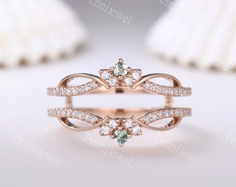 Moss Agate Moissanite Ring Enhancer: 14k Rose Gold Floral Wedding Band
