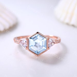 7x6mm Hexagon Cut Aquamarine Engagement Ring,Triangle Round Cut Moissanite Band,14k Rose Gold Ring,Aquamarine Women Ring,March Birthstone