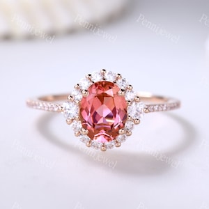 Padparadscha Sapphire Diamond Ring,6x8mm Oval Cut,14k Rose Gold,Diamond Halo,Floral Setting,Orange Sapphire Engagement Ring,Gift For Her