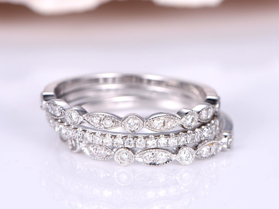 3pcs diamond wedding band half eternity ring solid 14k white Etsy 日本