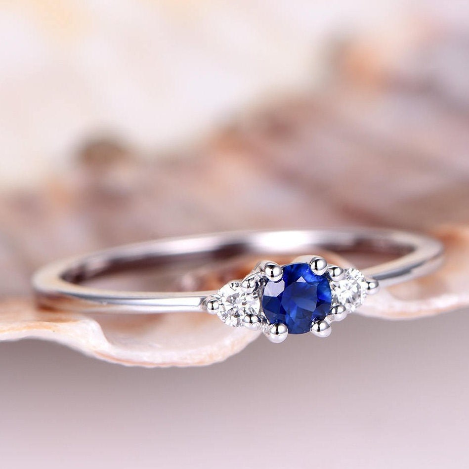 Blue Sapphire Engagement Ring Diamond Ring Gold Band 14k White | Etsy