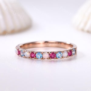 Swiss Blue Topaz & Ruby Wedding Band,Opal Eternity Band,Solid Rose Gold Stacking Ring,Pave Matching Ring,Birthstone Ring,Custom Ring For Her