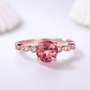 Padparadscha Sapphire Engagement Ring,7mm Round Cut Sapphire Diamond Wedding Ring,Half Eternity,Padparadscha Sapphire Anniversary Gift