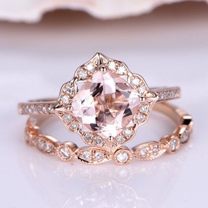 7mm Cushion Morganite Engagement Ring Rose Gold Vintage Floral Halo Art Deco Diamond Wedding Band 2PCS Bridal Set Marquise Wedding Ring Set