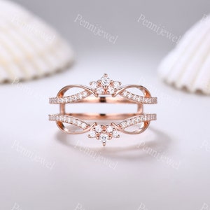 Diamant-Vergrößerer-Hochzeitsring, 14 Karat Roségoldring, doppelt gebogener gebogener Enhancer passend Band, personalisierter Blumenring, Frauen-Jubiläumsgeschenkring